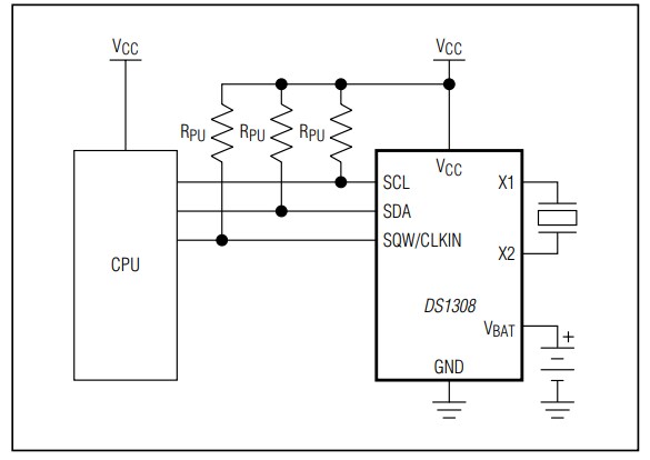 Application Circuit Diagram - Analog Devices / Maxim Integrated DS1308 Low-Current I²C RTC
