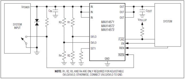 Application Circuit Diagram - Analog Devices / Maxim Integrated MAX1457x Overvoltage & Overcurrent Protectors