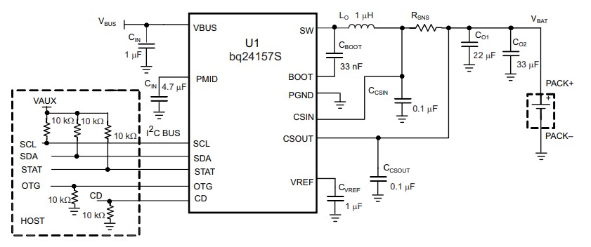 Application Circuit Diagram - Texas Instruments bq24157S Switch-Mode One-Cell Li-Ion Charger IC