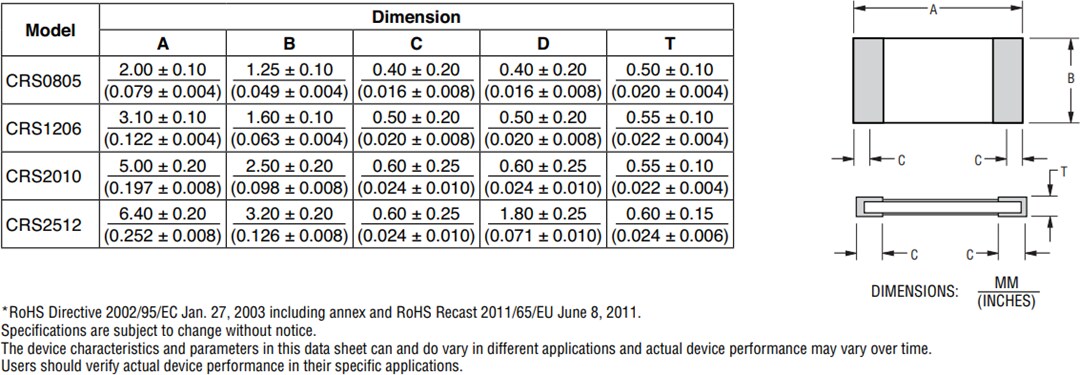 Mechanical Drawing - Bourns CRS Series Resistors