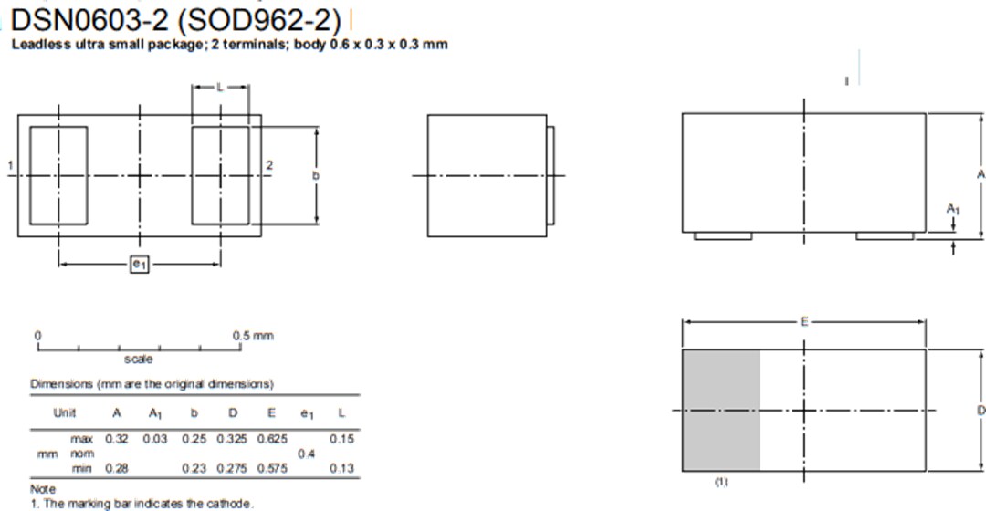 Mechanical Drawing - Nexperia DSN0603 Medium Power Schottky Diodes