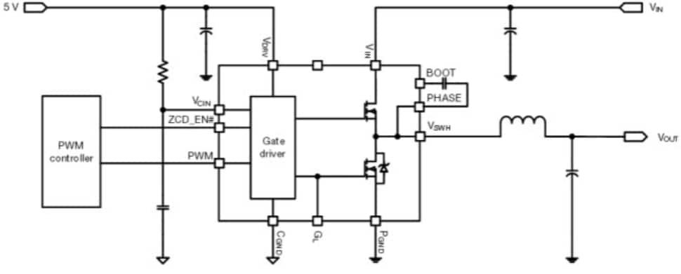 Application Circuit Diagram - Vishay Semiconductors DrMOS SiC5xx Integrated Power Stage