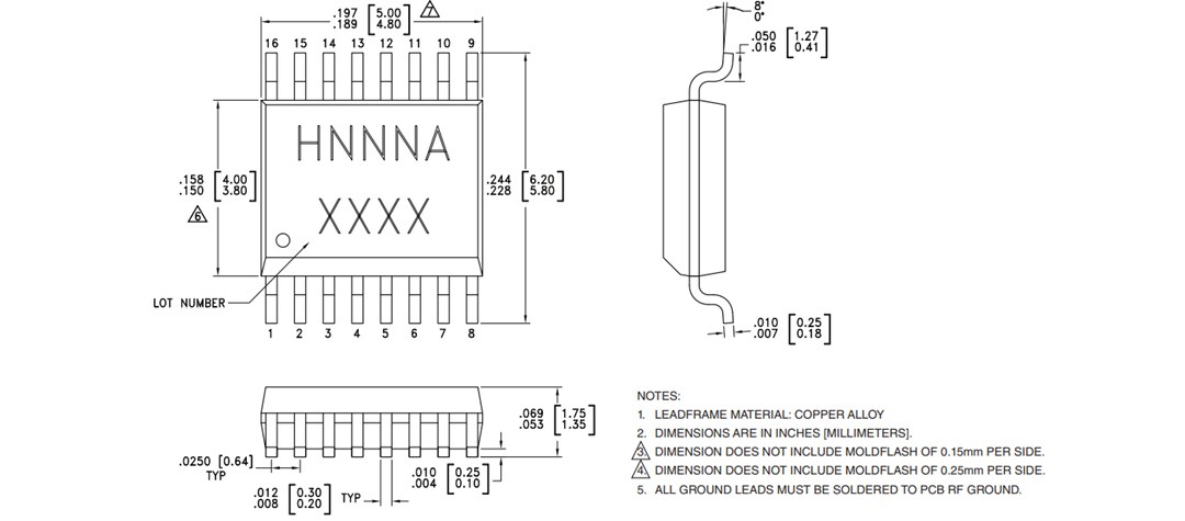 Mechanical Drawing - Analog Devices Inc. HMC241AQS16 SP4T Non-Reflective Switch