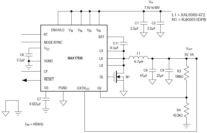 Application Circuit Diagram - Analog Devices / Maxim Integrated MAX17536 & MAX17546 Step-Down DC-DC Converters