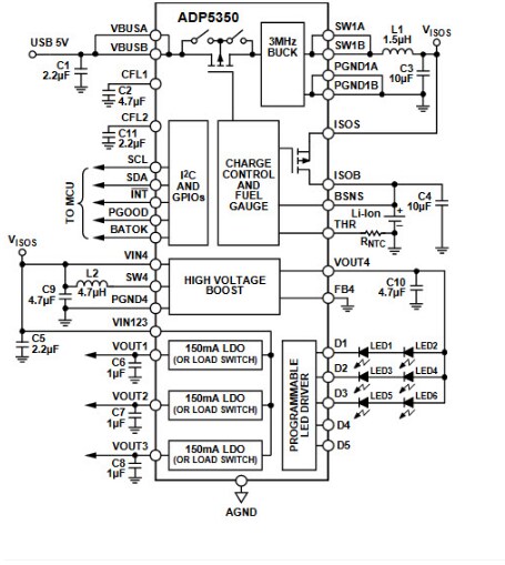 Application Circuit Diagram - Analog Devices Inc. ADP5350 Advanced Battery Management PMIC