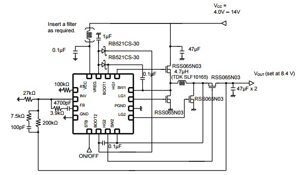 Application Circuit Diagram - ROHM Semiconductor BD8303MUV Switching Voltage Regulator
