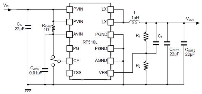 Application Circuit Diagram - Nisshinbo RP510L 4A Forced PWM Step-down DC/DC Converter