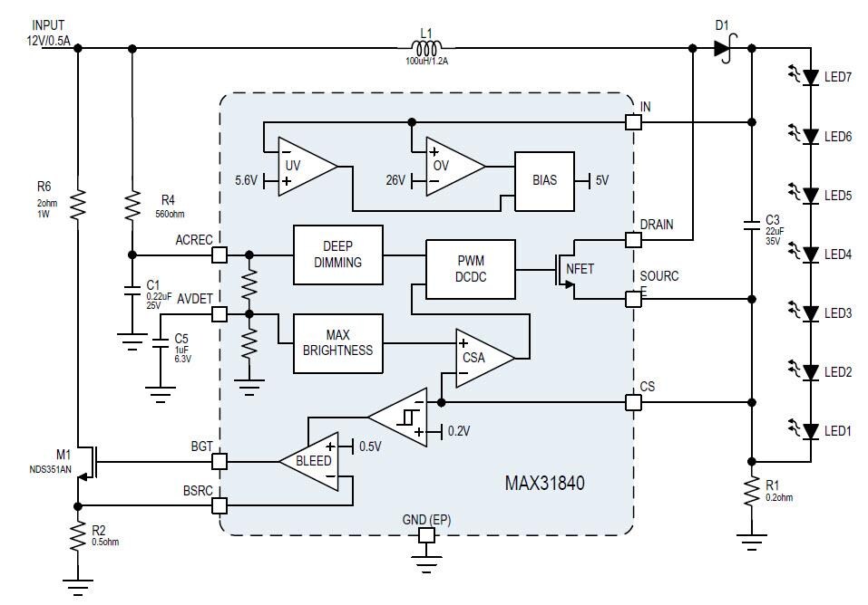 Block Diagram - Analog Devices / Maxim Integrated MAX31840 MR16 LED Driver