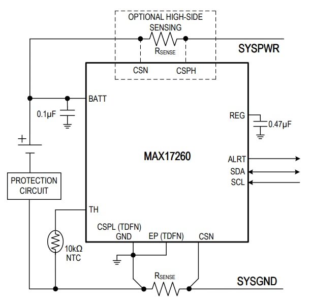 Application Circuit Diagram - Analog Devices / Maxim Integrated MAX17260 Ultralow Power Fuel Gauge IC