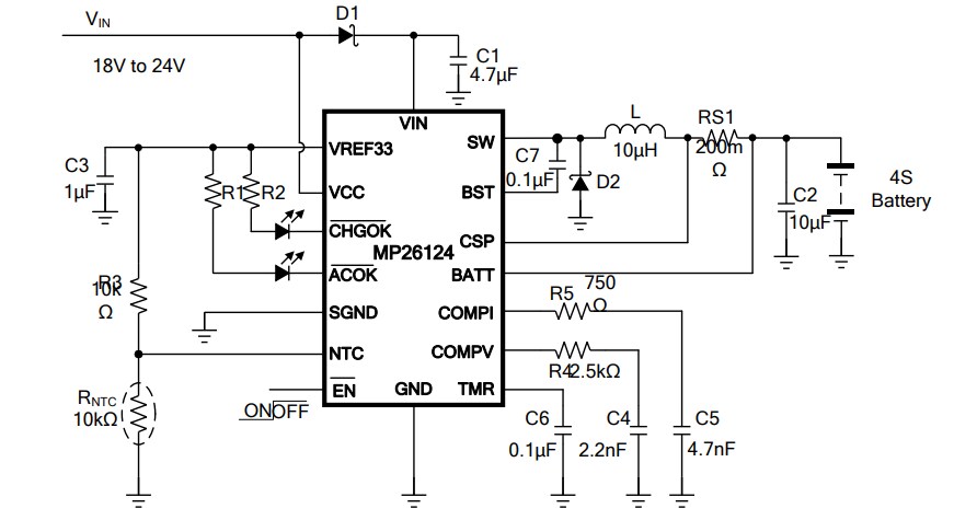 Application Circuit Diagram - Monolithic Power Systems (MPS) MP26124 4S Cell Li-Ion Battery Chargers