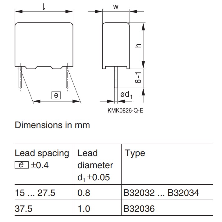 Mechanical Drawing - EPCOS / TDK MKP B3203x EMI Suppression Capacitors