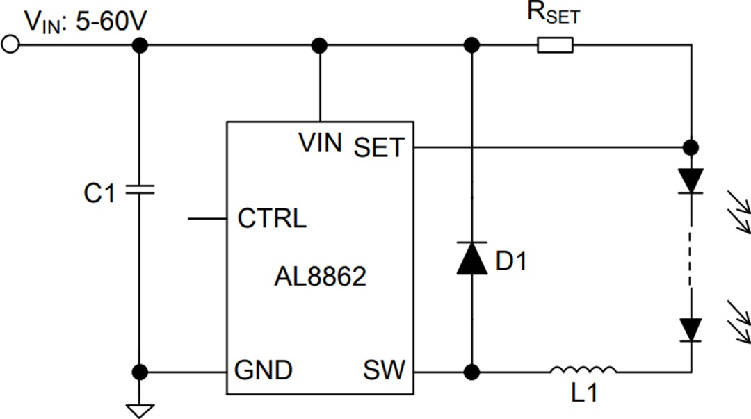 Application Circuit Diagram - Diodes Incorporated AL8862 Buck LED Driver