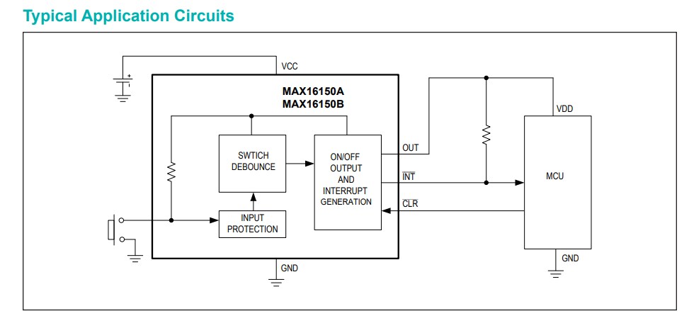 Application Circuit Diagram - Analog Devices / Maxim Integrated MAX16150 Nano-Power Pushbutton Controller