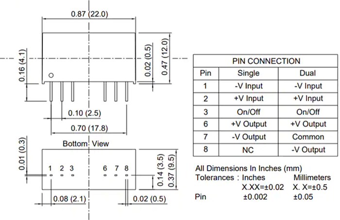 Mechanical Drawing - Cincon EC5SAW 6.6W-10W Isolated DC-DC Converters