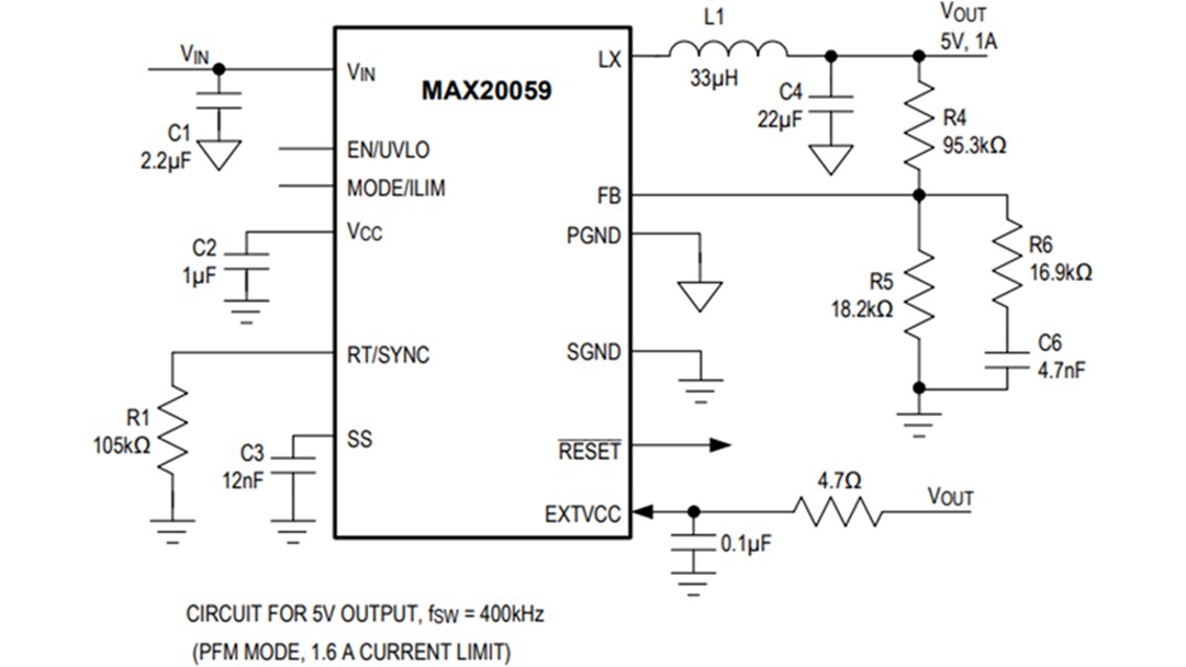 Application Circuit Diagram - Analog Devices / Maxim Integrated MAX20059 Synchronous Step-Down DC-DC Converter