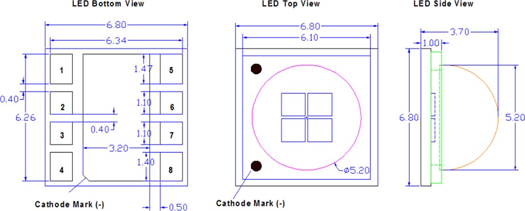 Mechanical Drawing - Inolux IN-C68QAxTM Ultraviolet UVA LEDs