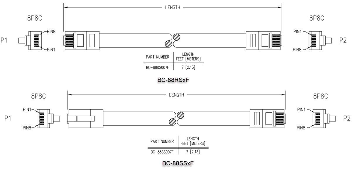 Mechanical Drawing - Stewart Connector / Cinch Connectivity Solutions BC-88 RJ45 Patchcord Cables