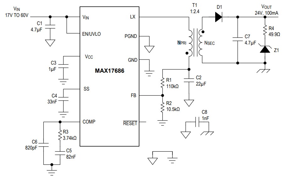 Application Circuit Diagram - Analog Devices / Maxim Integrated MAX17686 Iso-Buck DC-DC Converter