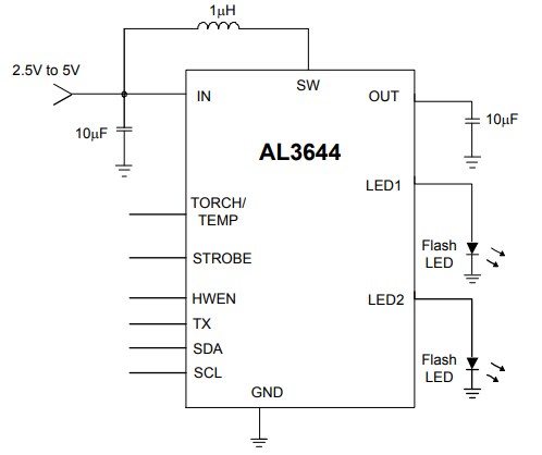 Application Circuit Diagram - Diodes Incorporated AL3644 Camera Flash LED Drivers