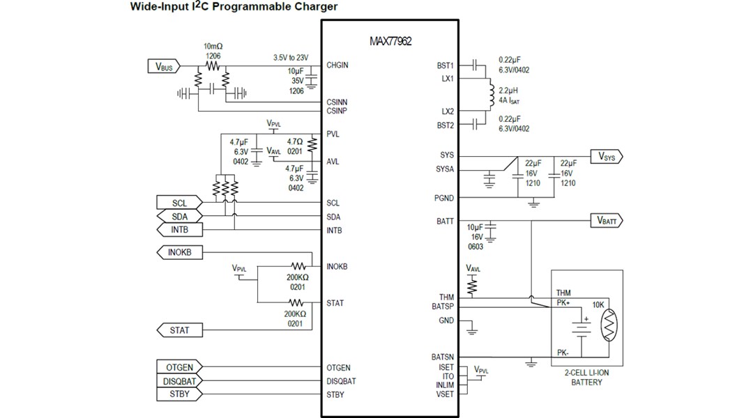 Application Circuit Diagram - Analog Devices / Maxim Integrated MAX77962 3.2A USB Type-C™ Buck-Boost Charger