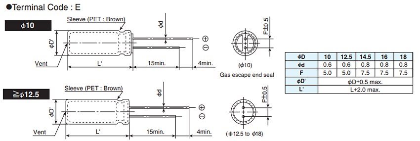 Mechanical Drawing - Chemi-Con KHE Miniature Aluminum Electrolytic Capacitors