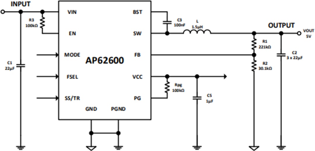 Application Circuit Diagram - Diodes Incorporated AP62600 Synchronous Buck Converter
