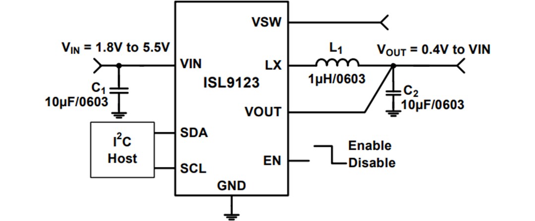 Application Circuit Diagram - Renesas Electronics ISL9123 Ultra-Low IQ Buck Regulator with Bypass