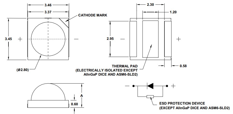 Mechanical Drawing - Broadcom ASM6-Sxx-xxH Surface Mount LEDs