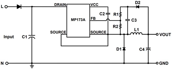 Application Circuit Diagram - Monolithic Power Systems (MPS) MP173A 700V Non-Isolated Offline Regulators