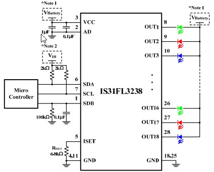 Application Circuit Diagram - Lumissil IS31FL3238 18-Channel LED Driver
