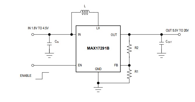 Application Circuit Diagram - Analog Devices / Maxim Integrated MAX17291B High-Voltage Micropower Boost Converter