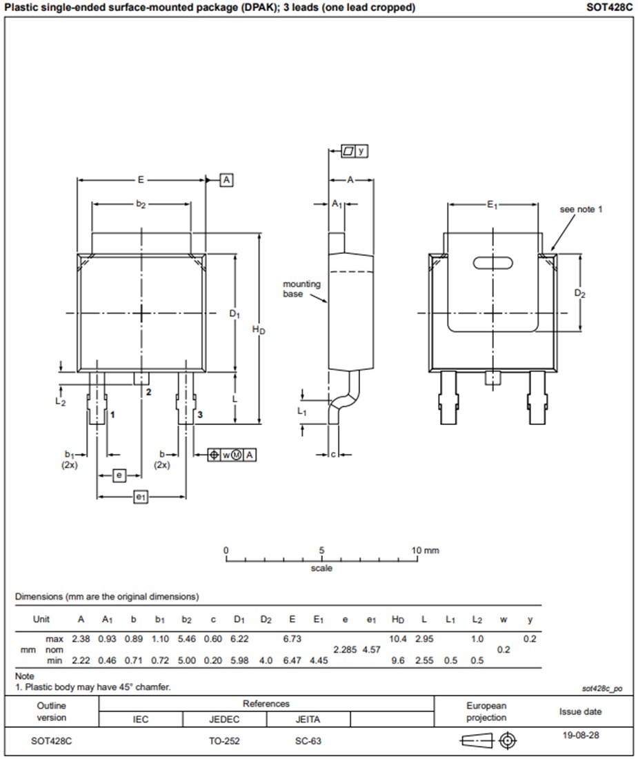 Mechanical Drawing - Nexperia MJD41C & MJD42C 100V 6A Bipolar Transistors