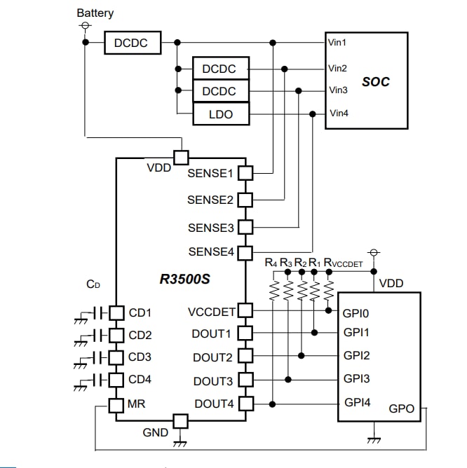 Application Circuit Diagram - Nisshinbo R3500S Series 4-Channel Window Voltage Detectors