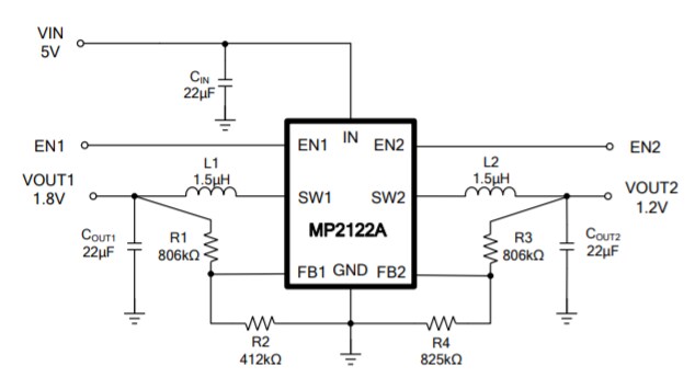 Application Circuit Diagram - Monolithic Power Systems (MPS) MP2122A Switching Voltage Regulators