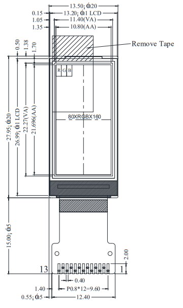 Mechanical Drawing - DISPLAY VISIONS TFT009-81AINN LCD Color Display