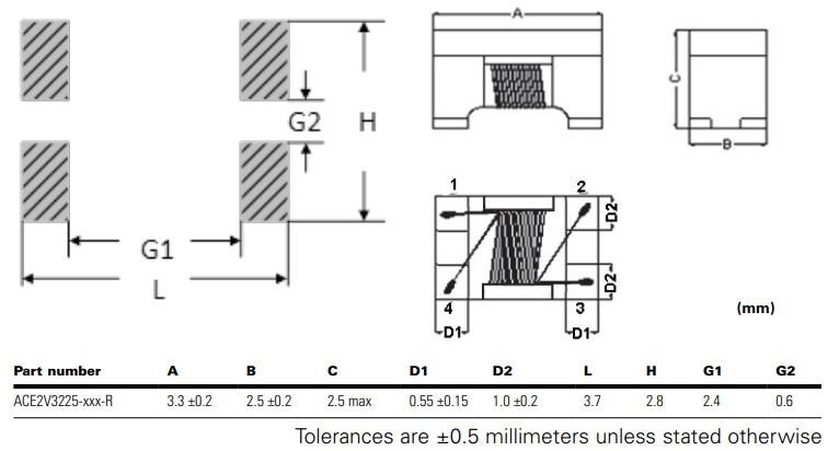 Mechanical Drawing - Eaton ACE2V3225 Common-mode Chip Inductors