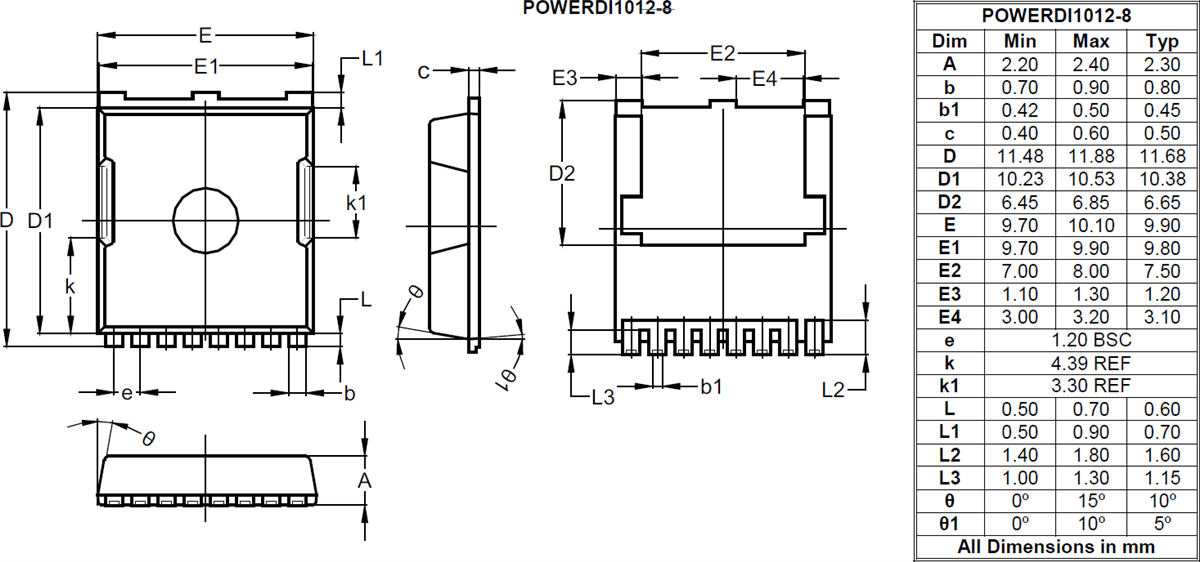 Mechanical Drawing - Diodes Incorporated DMTH8001STLWQ Automotive Enhancement-Mode MOSFET