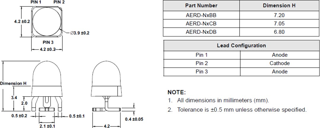 Mechanical Drawing - Broadcom AERD-NxxB Infrared SMT Round Lamps