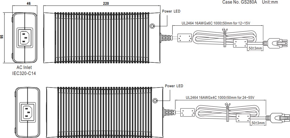 Mechanical Drawing - MEAN WELL GST360A 360W AC-DC Industrial Adapters