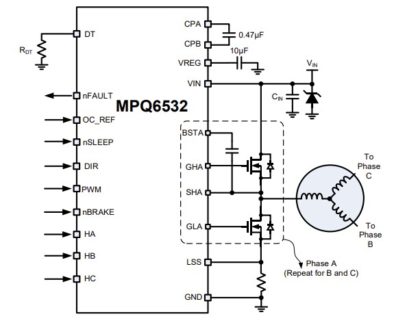 Application Circuit Diagram - Monolithic Power Systems (MPS) MPQ6532 Three-Phase Brushless DC Motor Pre-Drivers