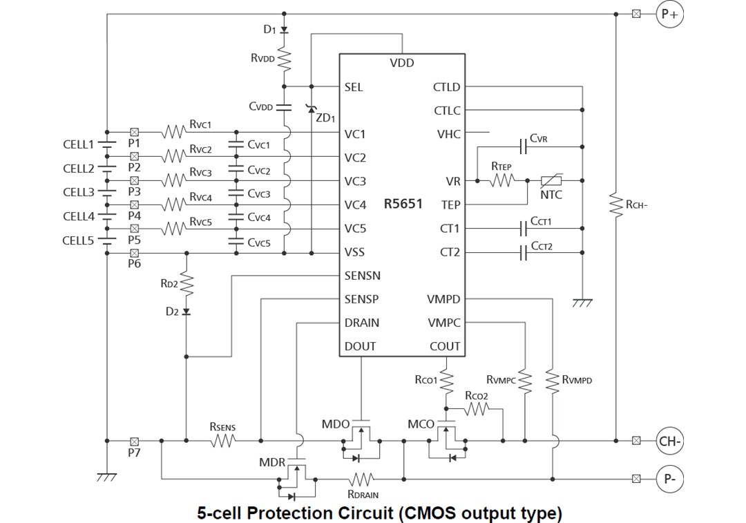 Application Circuit Diagram - Nisshinbo R5651T Battery Protection IC