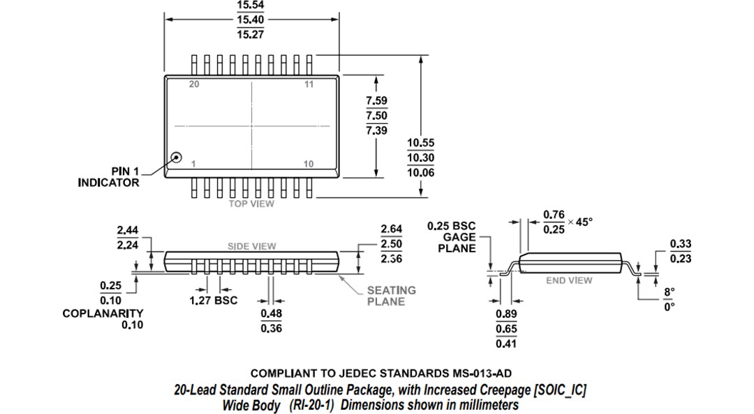 Mechanical Drawing - Analog Devices Inc. ADuM4165 & ADuM4166 USB 2.0 Port Isolators