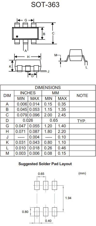 Mechanical Drawing - Micro Commercial Components (MCC) DMMT3904HE3 Dual NPN Transistor