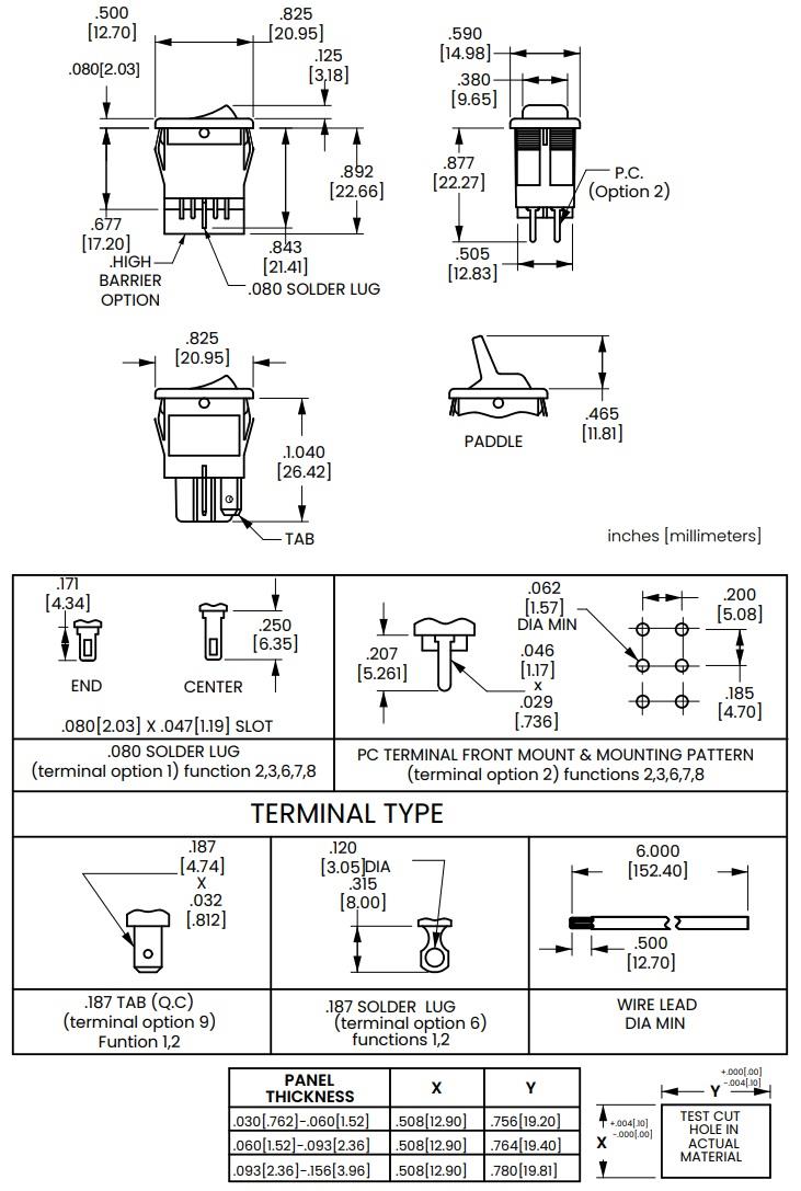 Mechanical Drawing - Carling Technologies 611/621-Series Rocker Switches