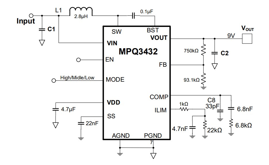 Application Circuit Diagram - Monolithic Power Systems (MPS) MPQ3432 Synchronous Boost Converters