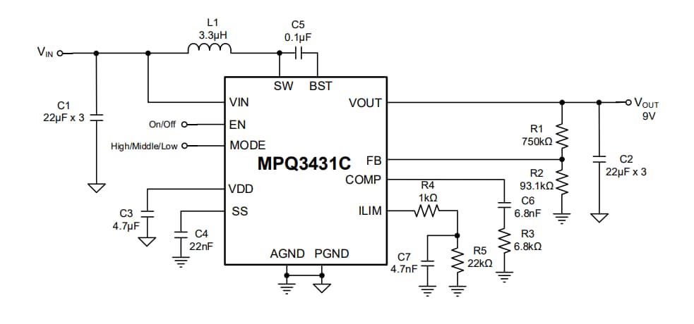 Application Circuit Diagram - Monolithic Power Systems (MPS) MPQ3431C Synchronous Boost Converters