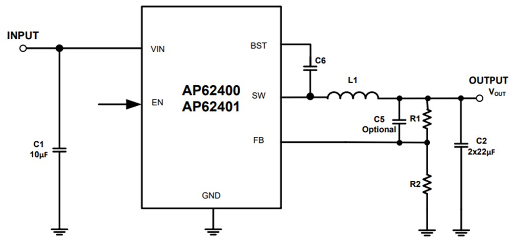 Application Circuit Diagram - Diodes Incorporated AP62400 & AP62401 Synchronous Buck Converters