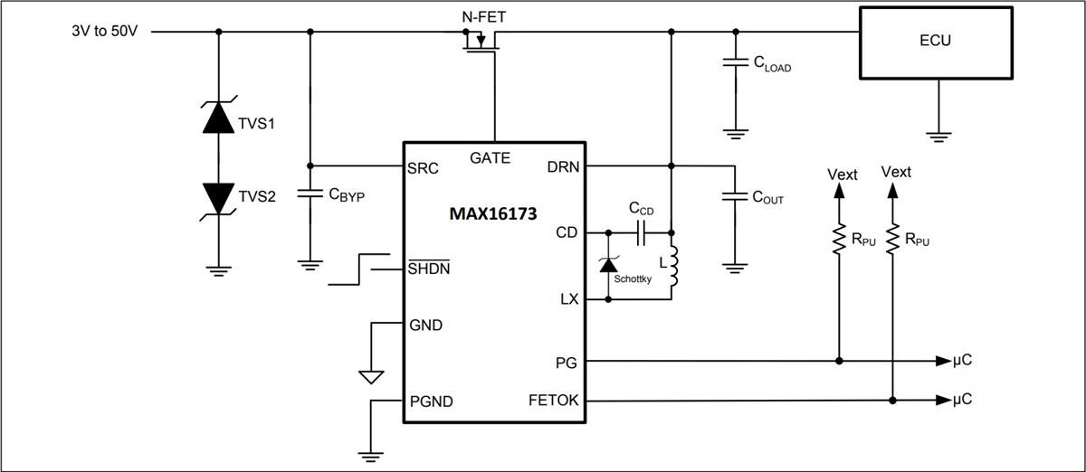 Application Circuit Diagram - Analog Devices / Maxim Integrated MAX16173 Ideal Diode Controllers