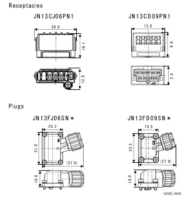 Mechanical Drawing - JAE Electronics JN13 All-Plastic Low-Profile Waterproof Connectors