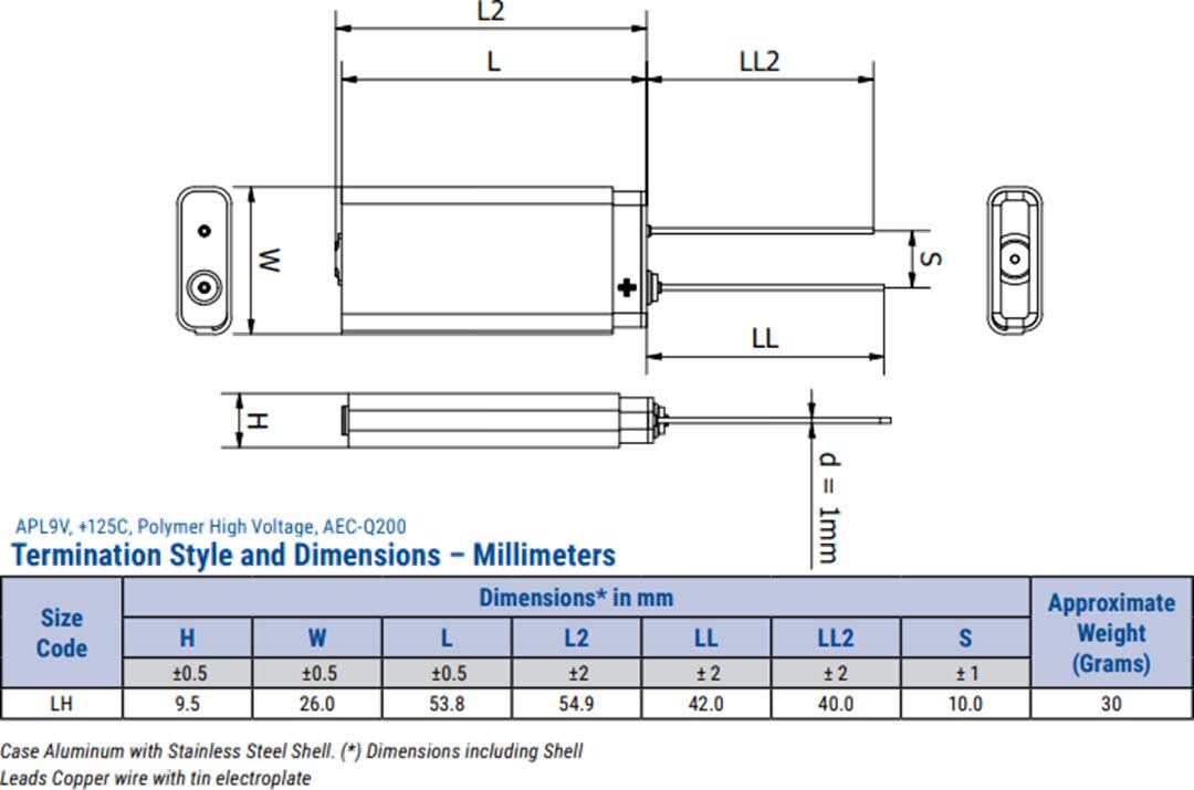 Mechanical Drawing - KEMET APL9x Rectangular Aluminum Polymer Capacitors